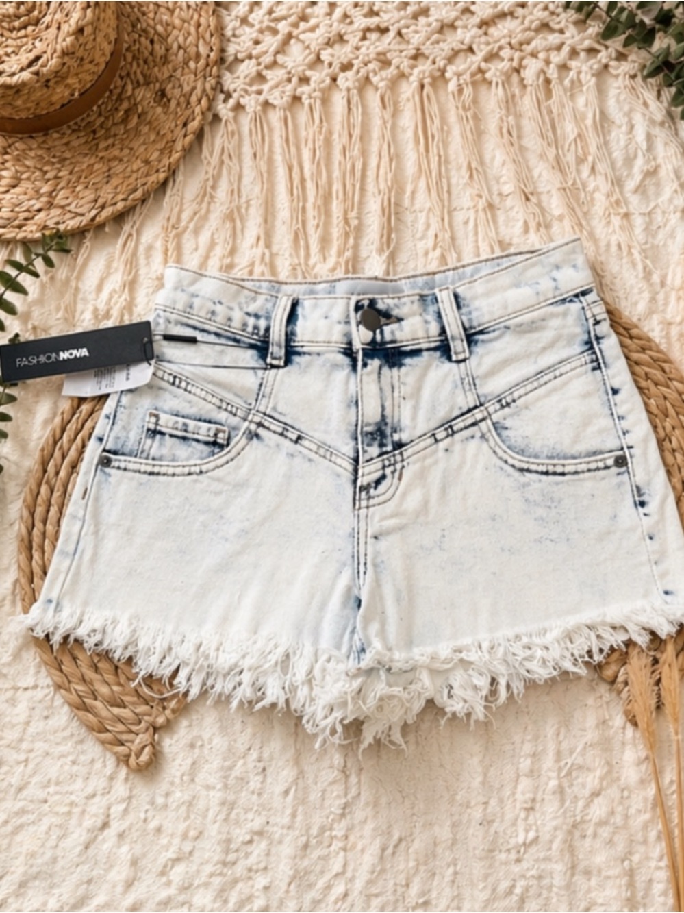 Fashion Nova Acid Wash Light Blue Frayed Denim Shorts